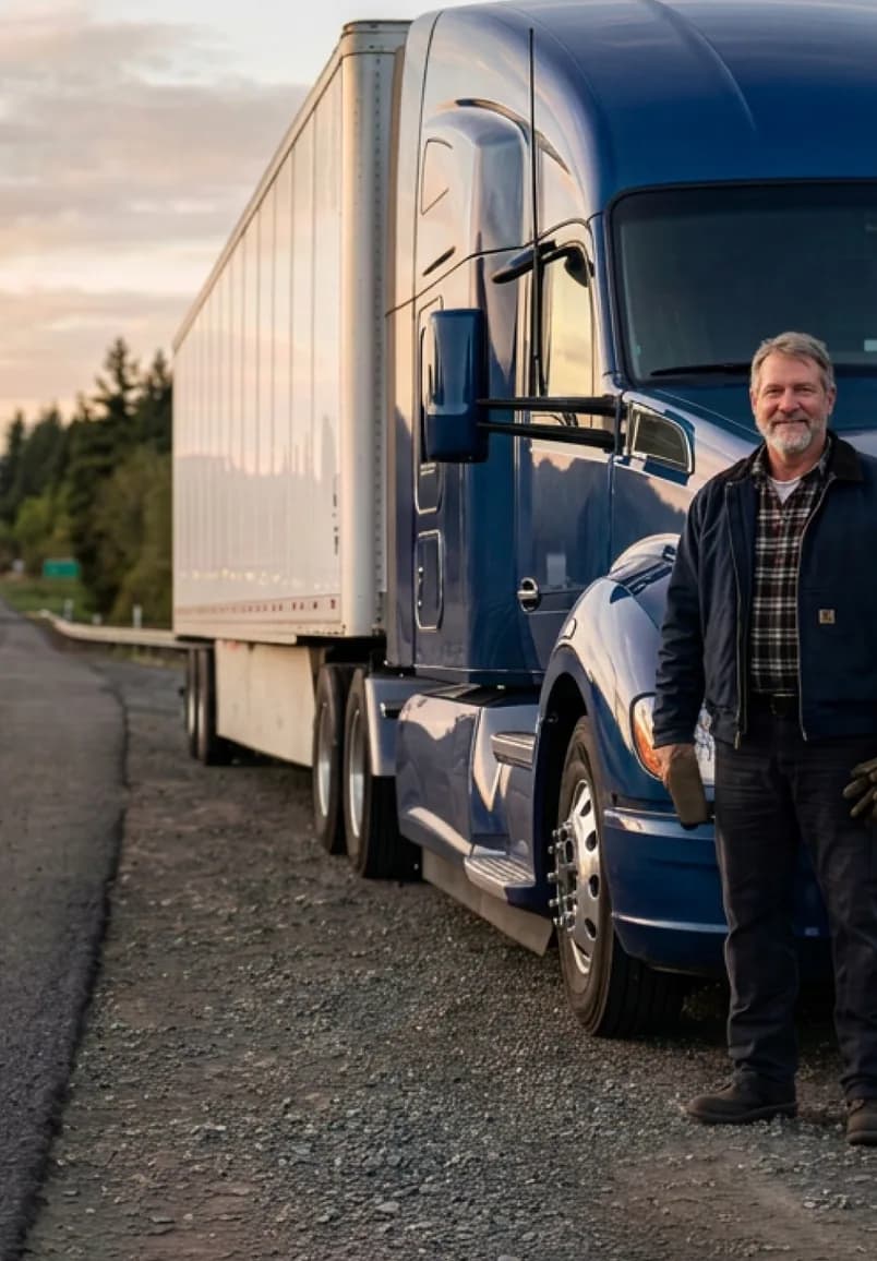 Professional truck drivers standing in front of their trucks